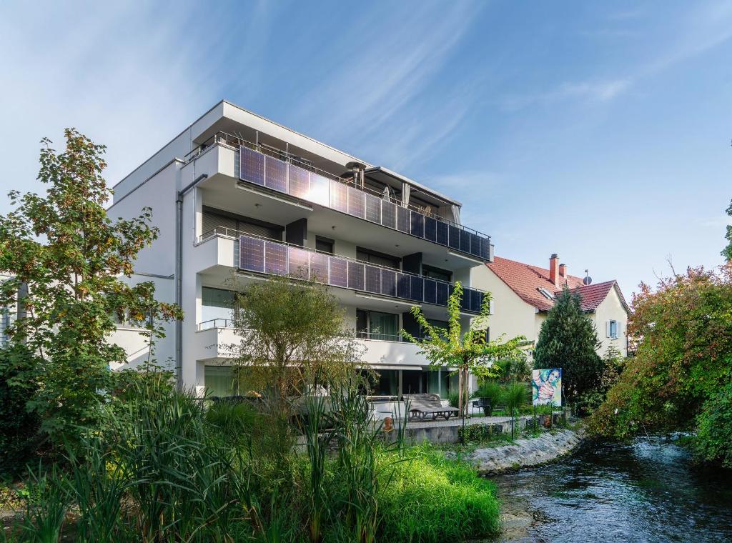 a building with a river in front of it at Apartment 4 in Rielasingen-Worblingen
