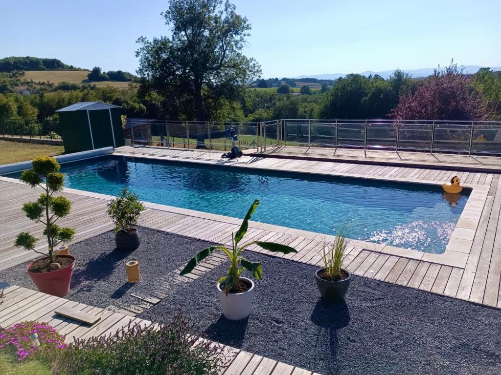 a swimming pool with potted plants in a yard at Bel-Air des Collines in Saint-Martin-dʼAoût