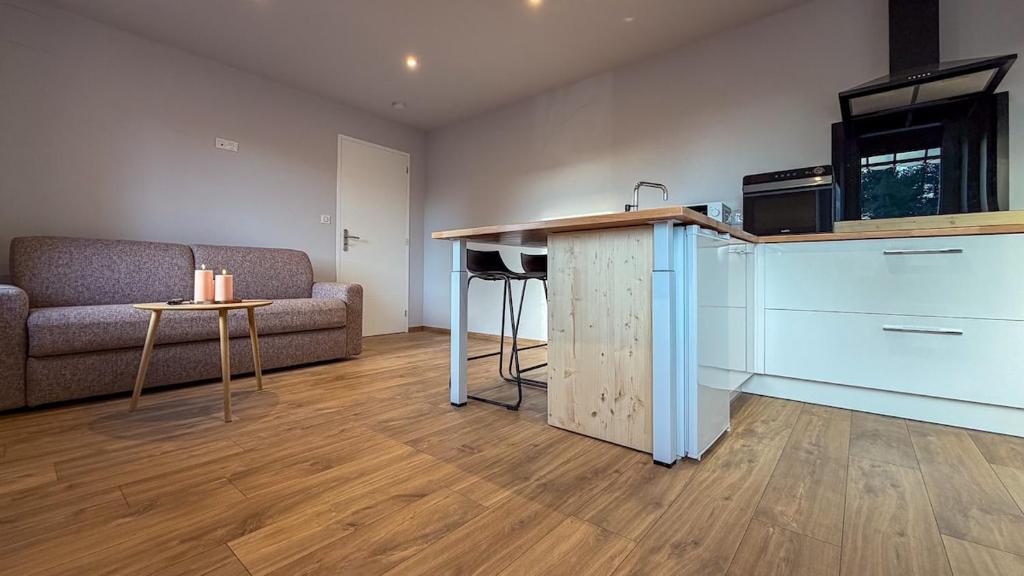 a living room with a couch and a counter top at Cocon chaleureux proche Epinal Private parking in Uxegney