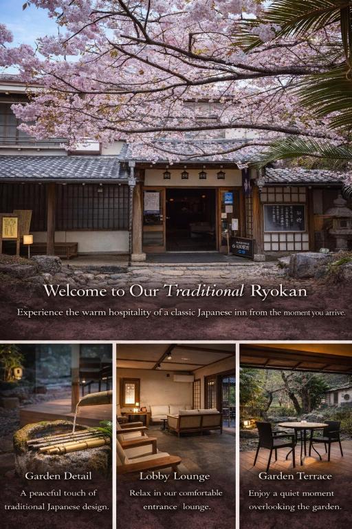 a collage of three pictures of a house withakura trees at Sakahijiri gyokushoen in Ukusu