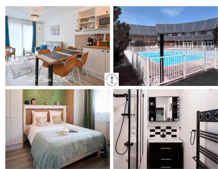 a collage of pictures of a hotel room with a swimming pool at Le Casa Délia in Équemauville