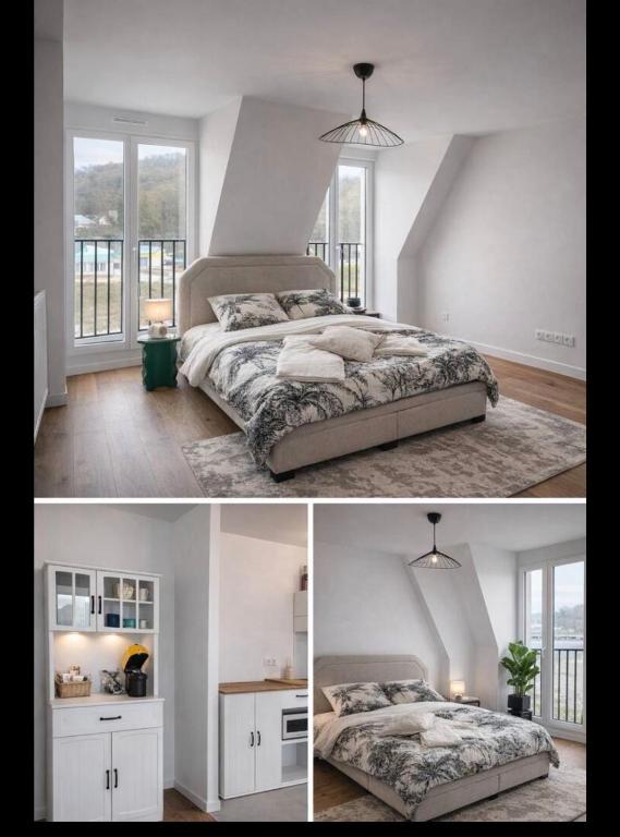 a white bedroom with a bed and a room with windows at Cocon Seine parisii in Sartrouville