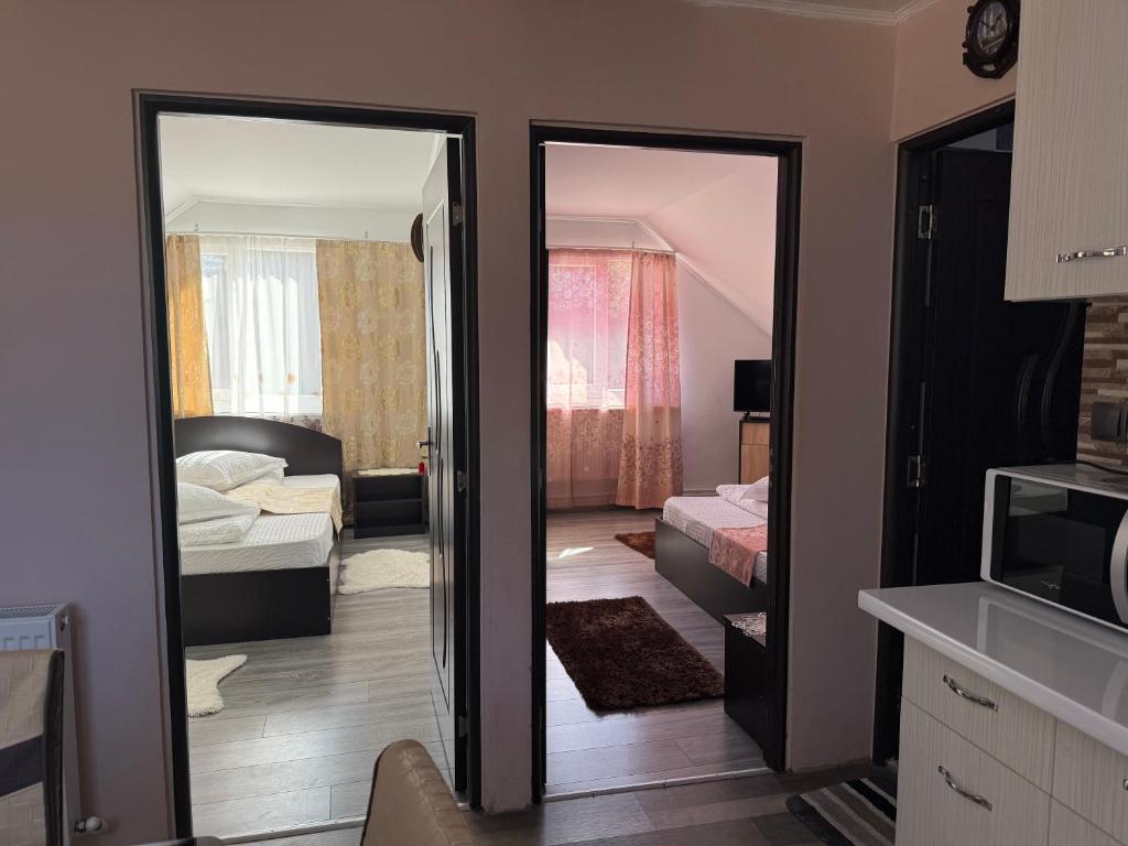a bedroom with two beds and a living room at Apartament Ral in Arieşeni