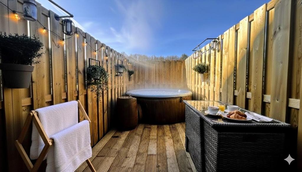 ein kleines Badezimmer mit Badewanne, Tisch und Stühlen in der Unterkunft Le Clos E in Theux