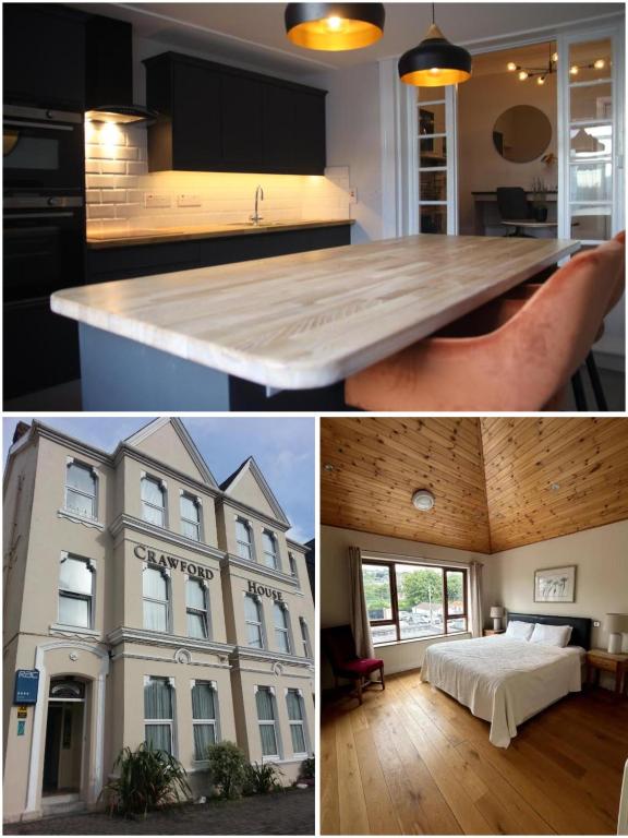 a collage of three pictures of a building and a kitchen at Crawford House - ScholarLee Living Apartments in Cork