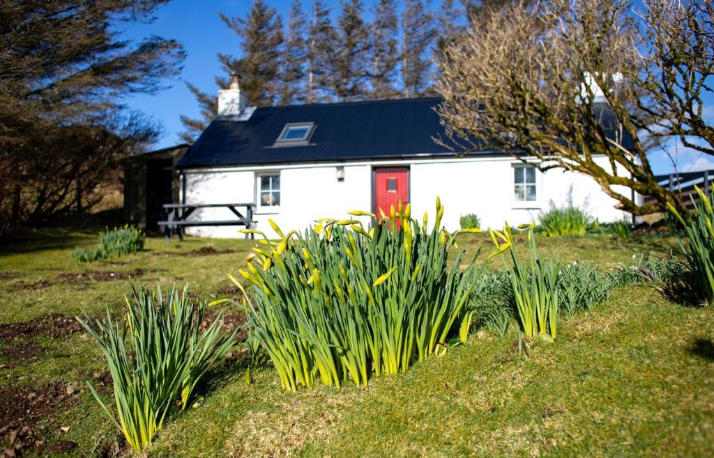 a white house with a red door and some flowers at The Cottage, 7 Struanmore in Struan