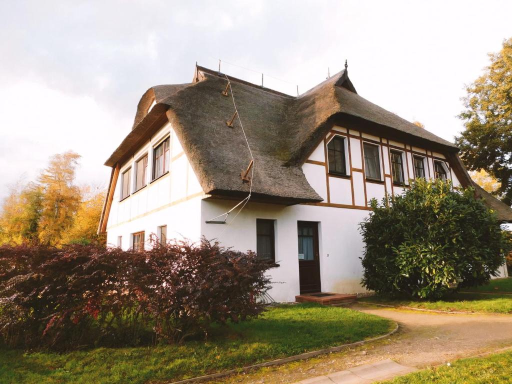 a white house with a thatched roof at Windrose 08 in Ahrenshoop