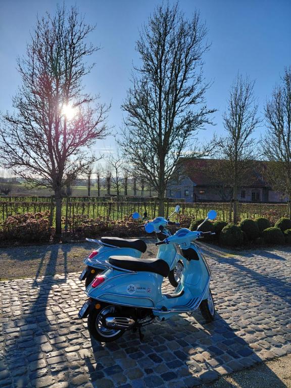 a blue scooter parked on a cobblestone street at B&B In 't Stille Weg in Kemmel