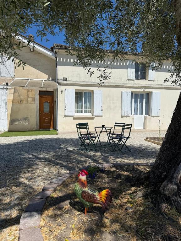 a chicken sitting in the shade of a tree at Joli Eden in Saint-Sulpice-de-Faleyrens