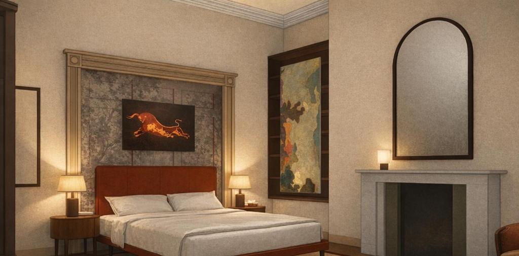 a bedroom with a bed and a painting of a horse at The Scarlet Bath in Bath