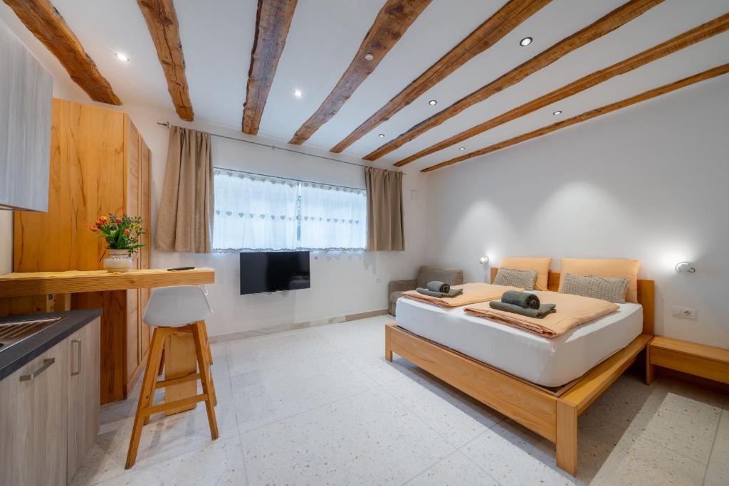 a bedroom with a large bed and a television at Gardar Studio Fox in Bolzano