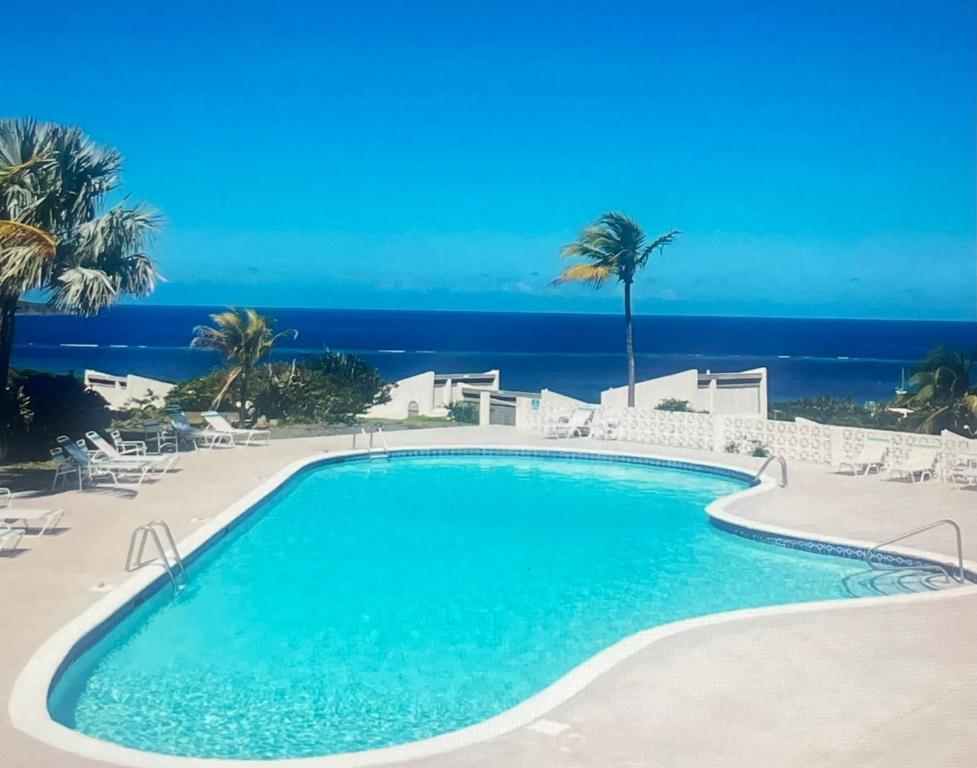 a swimming pool with the ocean in the background at Tropical Oasis in Christiansted