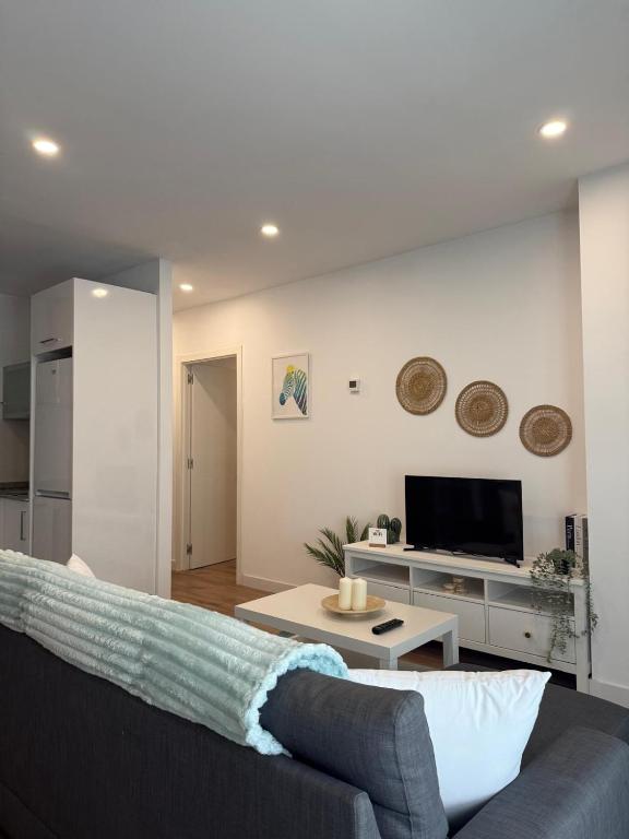 a living room with a couch and a tv at Orballo in Vilagarcia de Arousa