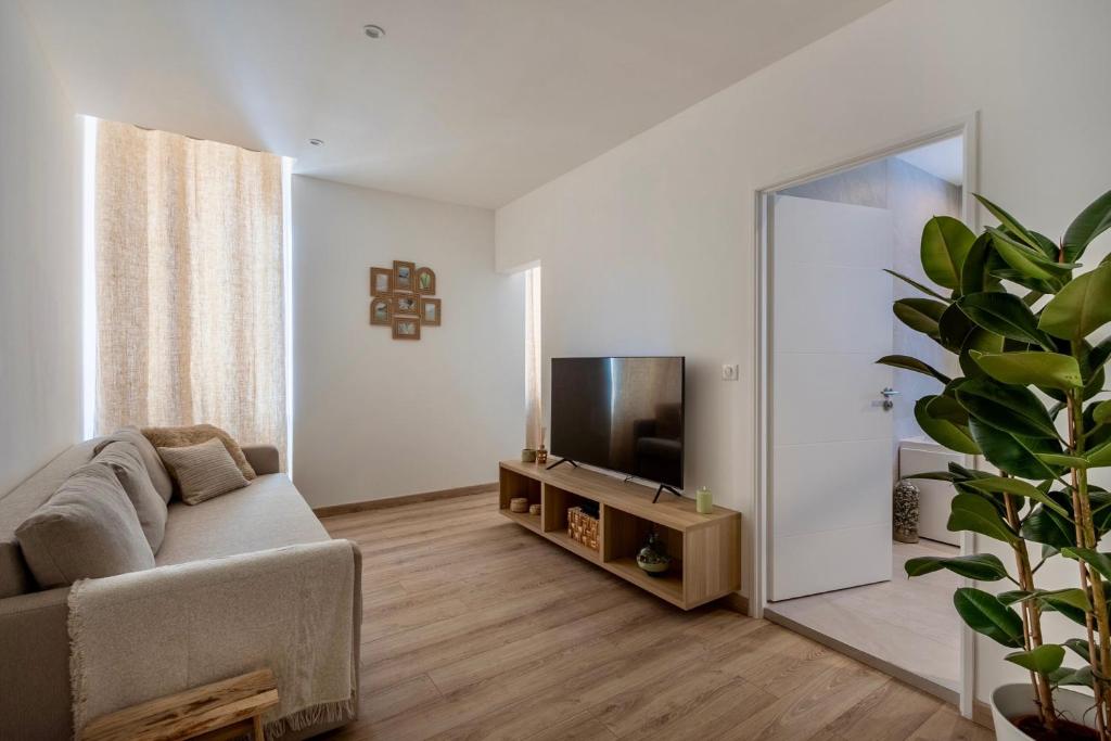 a living room with a couch and a tv and a mirror at L'escale Mourillon - Plage, Balnéo & Soleil in Toulon