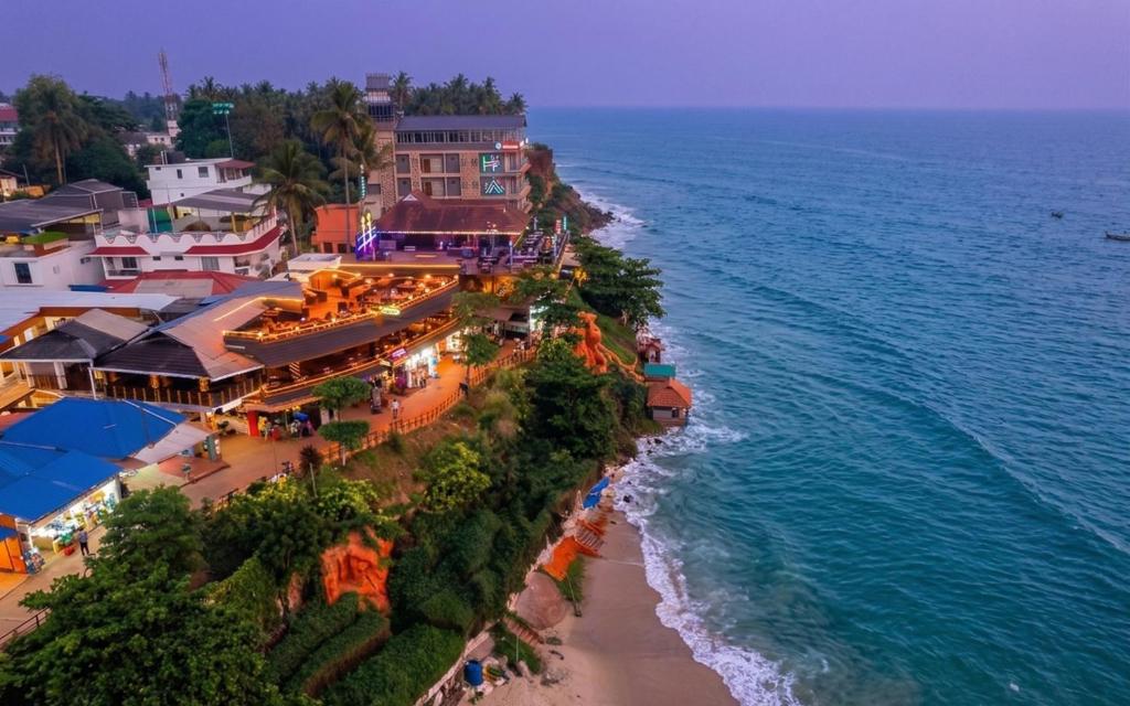 an overhead view of a beach with houses and the ocean at Sea View Varkala Beach Resort in Varkala
