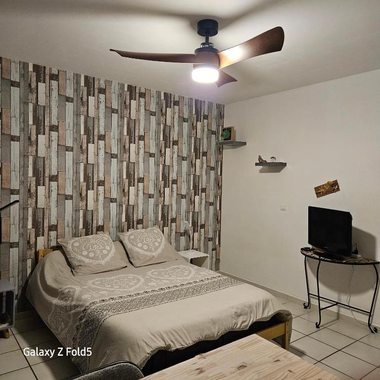 a bedroom with a bed and a ceiling fan at Le temps d'une pause ! Petit-déjeuner inclus ! in Servas