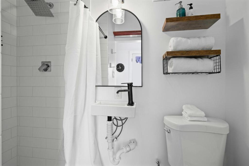 a bathroom with a sink and a mirror and a toilet at Twilight Ranch Tiny Homes - pet friendly & hill country views in Fredericksburg