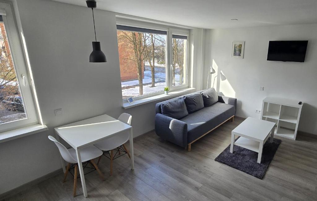 a living room with a couch and a table at Anykščiai Center Apartment in Anykščiai