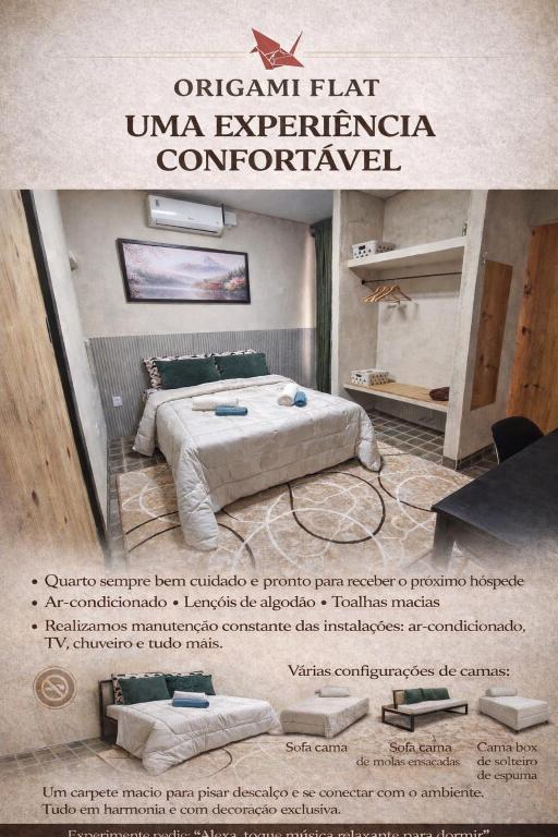 a advertisement for an apartment with a bed in a room at Origami in Palmas