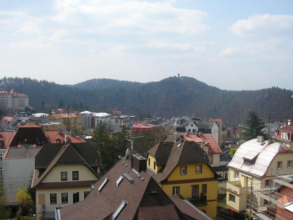 a city with houses and a mountain in the background at Apartments Nicol in Karlovy Vary