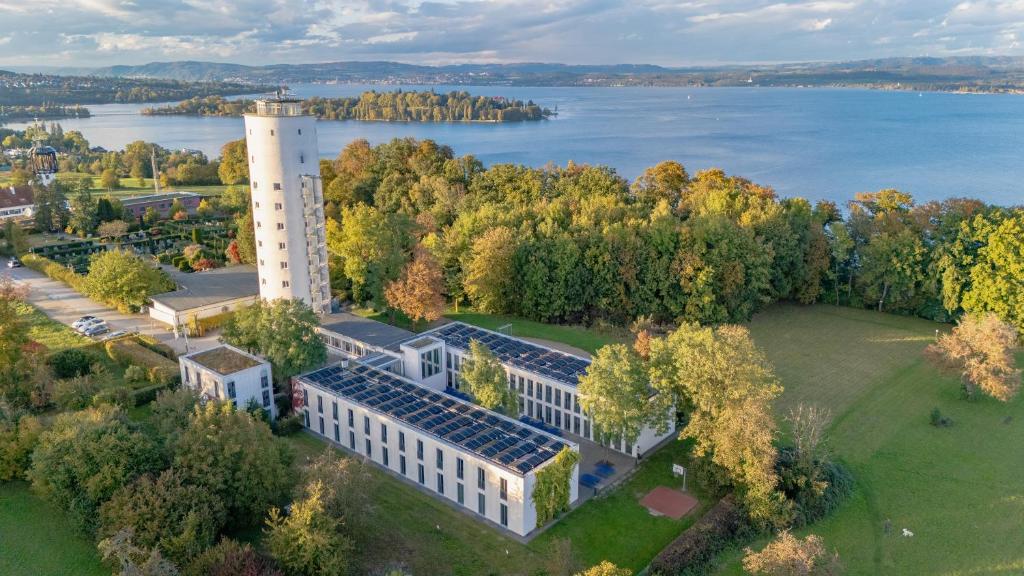 an overhead view of a building with solar panels at Jugendherberge Otto-Moericke-Turm in Konstanz