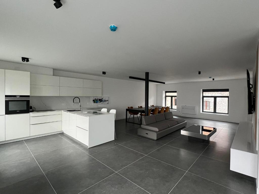 a kitchen and living room with white cabinets and a couch at L'Arsenal Loft in Couvin
