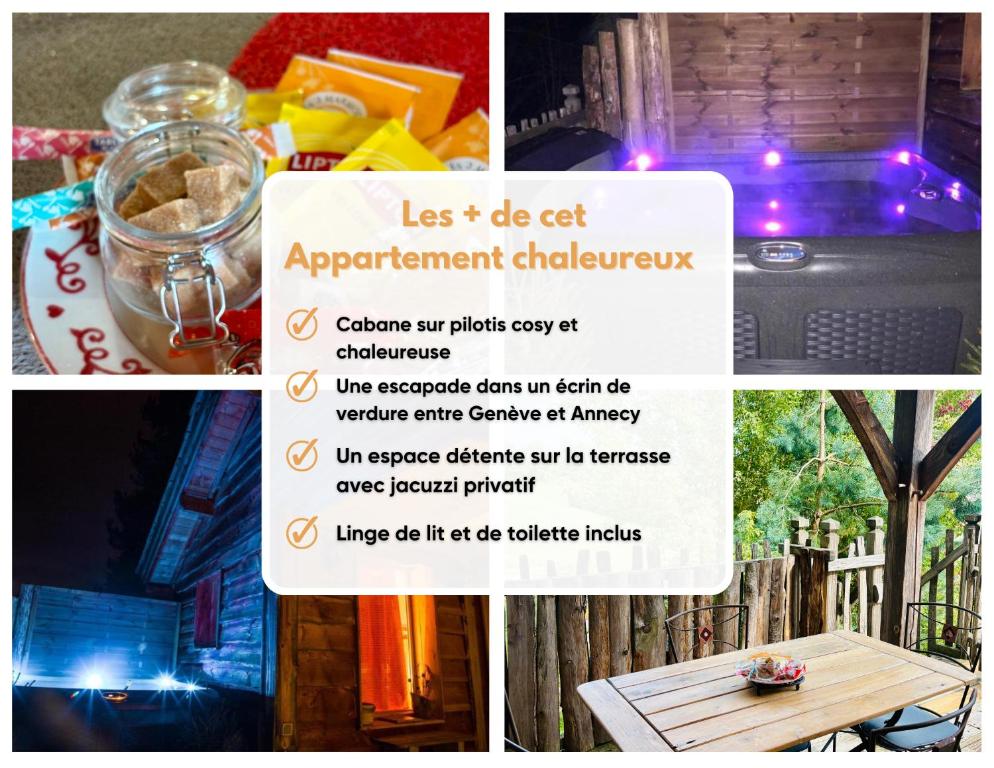 a collage of pictures of a table with lights at La Cabane à l'Orée des Bornes in Évires