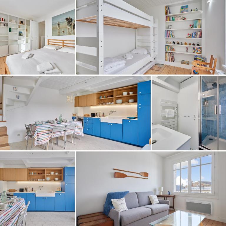 a collage of photos of a kitchen and a living room at Les Volets Bleus de Trouville - Centre - Plage in Trouville-sur-Mer