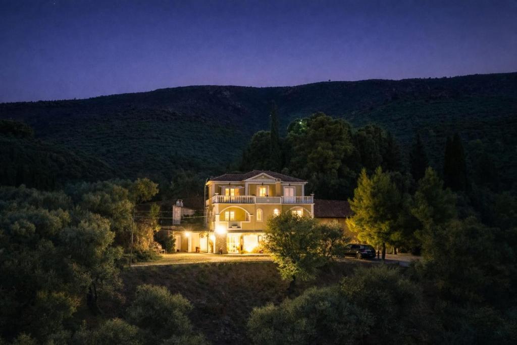 a large house in the middle of a forest at night at VILA KALIELAIA in Mouzákion
