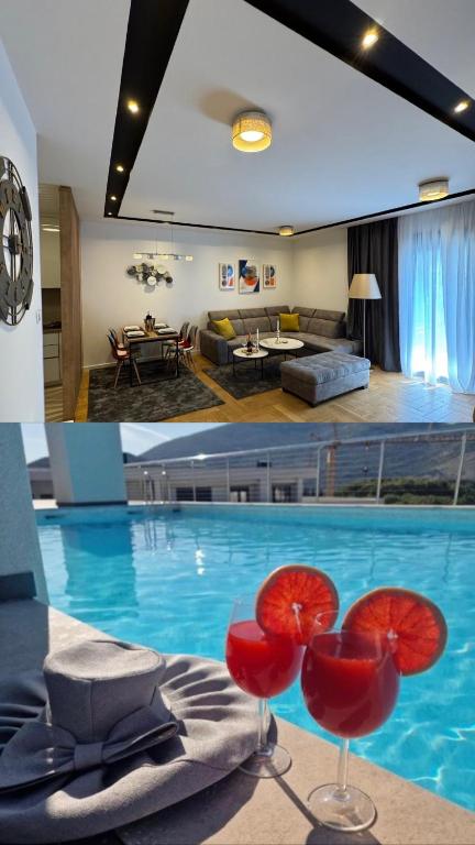 a large swimming pool with red chairs and a living room at ToP-HILL in Trebinje