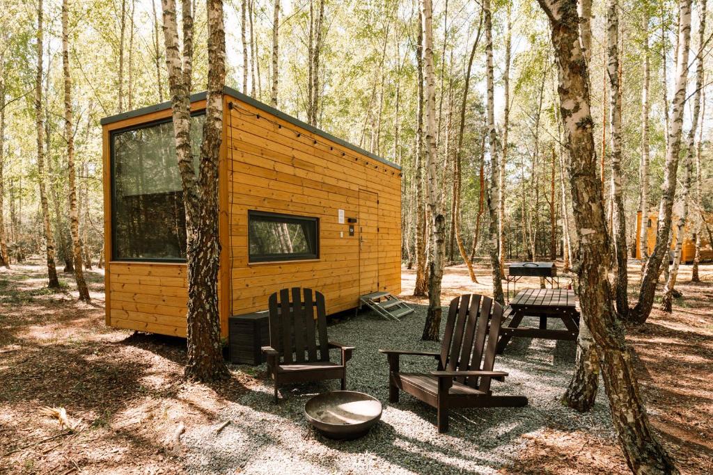 a cabin in the woods with two chairs and a picnic table at УЛІС Кебіни in Dudky