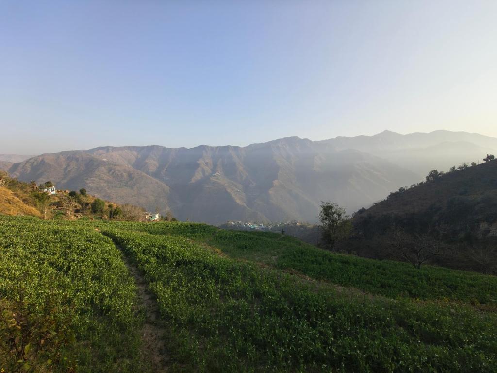 a dirt road on a hill with mountains in the background at Corn Village Retreat in Mussoorie