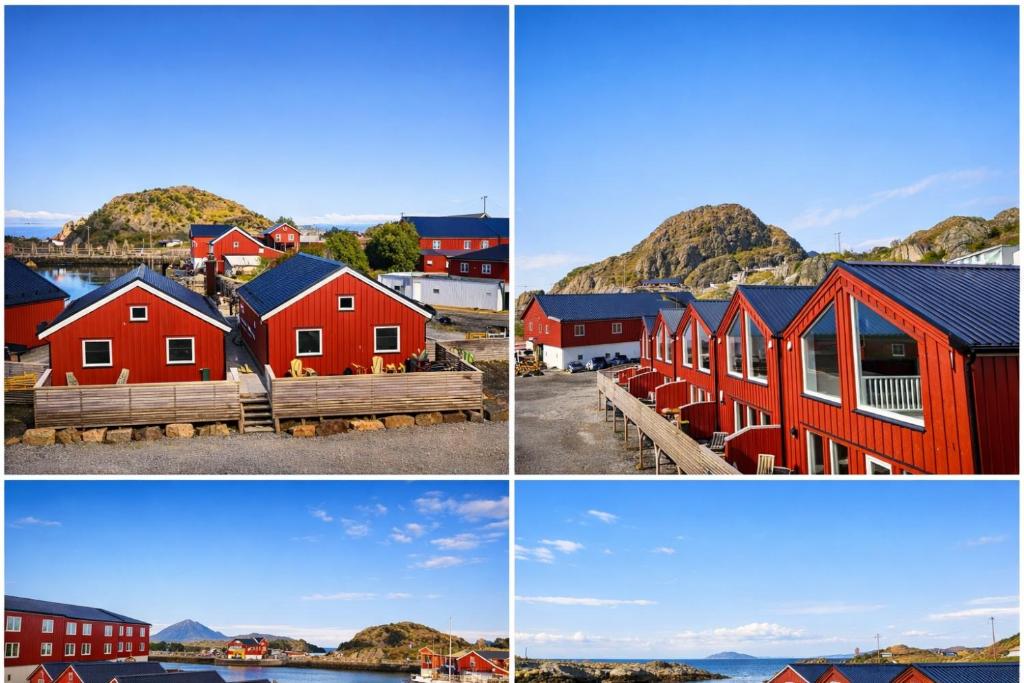 four different pictures of a village with red houses at Finnvika Panorama Corner in Vestvågøya