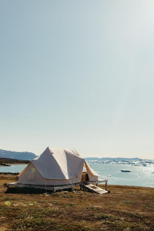 a tent sitting on a field next to the water at Nomad Greenland Camp Saqqaq in Saqqaq