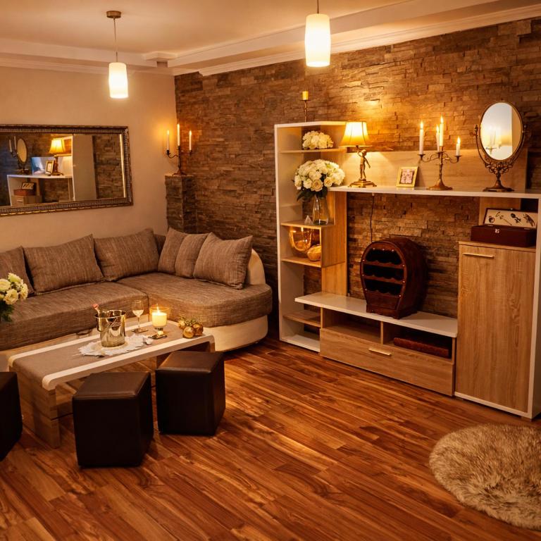 a living room with a couch and a fireplace at Apartman Dionis SM in Sremska Mitrovica