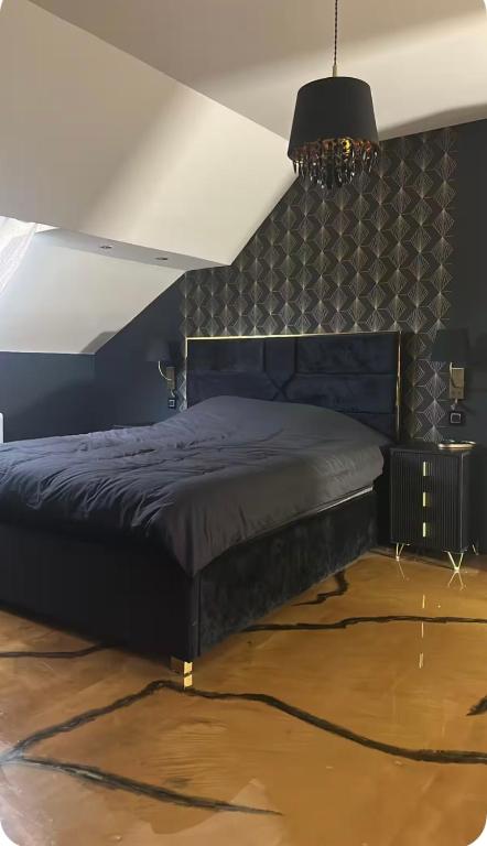 a bedroom with a bed with a black headboard at Love Room in Canteleu