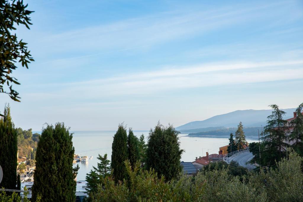 a view of the water and a town with trees at Apartmani Zlata in Rabac