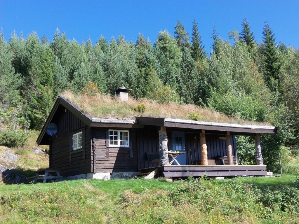 a log cabin with a grass roof at Hogstul Hytter - Skojestua - 2 Bedroom Cottage in Tuddal