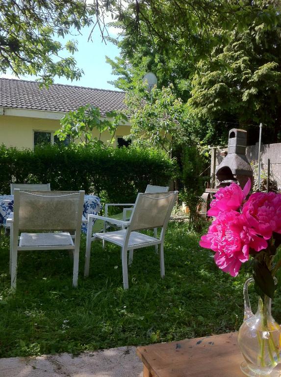 two chairs and a table and a vase with pink flowers at Le Chalet de Marie France in Combs-la-Ville