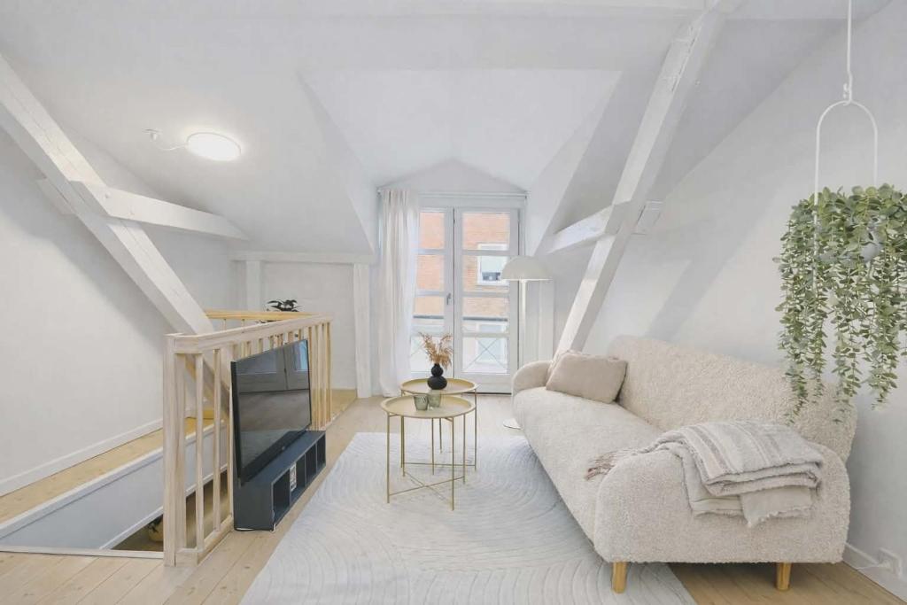 a living room with a couch and a fireplace at Cozy Oasis perfect for couples & solo travelers in Viborg
