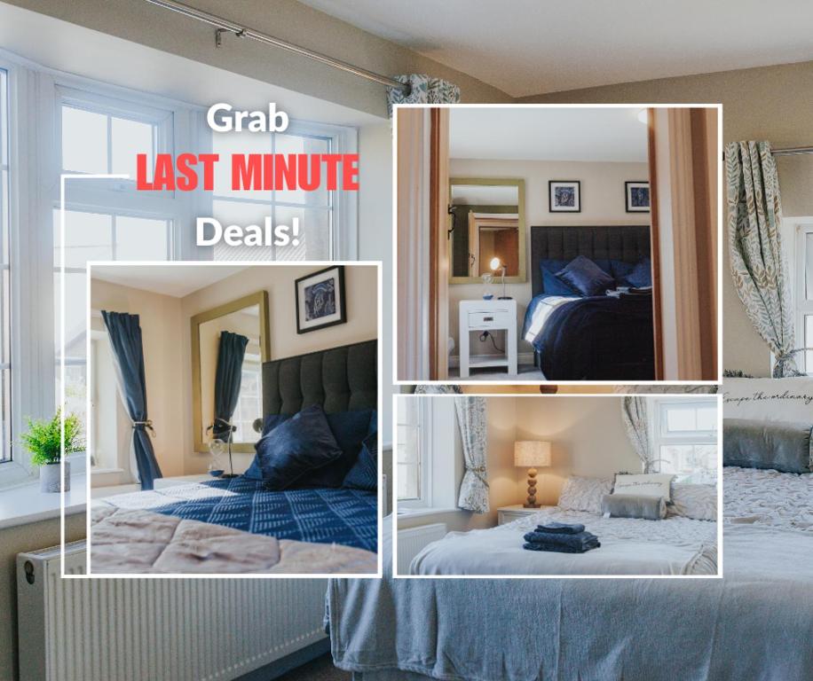 a collage of pictures of a room with a bed at Exclusive Deals l Free Parking I Short term Booking l Sleeps Up to 6 l 3 Bed & 2 Bath I One Castle Apartments Short-lets and Serviced Accommodation in Harrogate