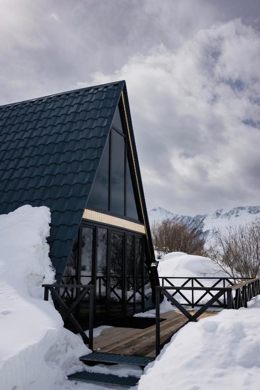 a house with a black roof in the snow at Lumina Cottage in Gudauri