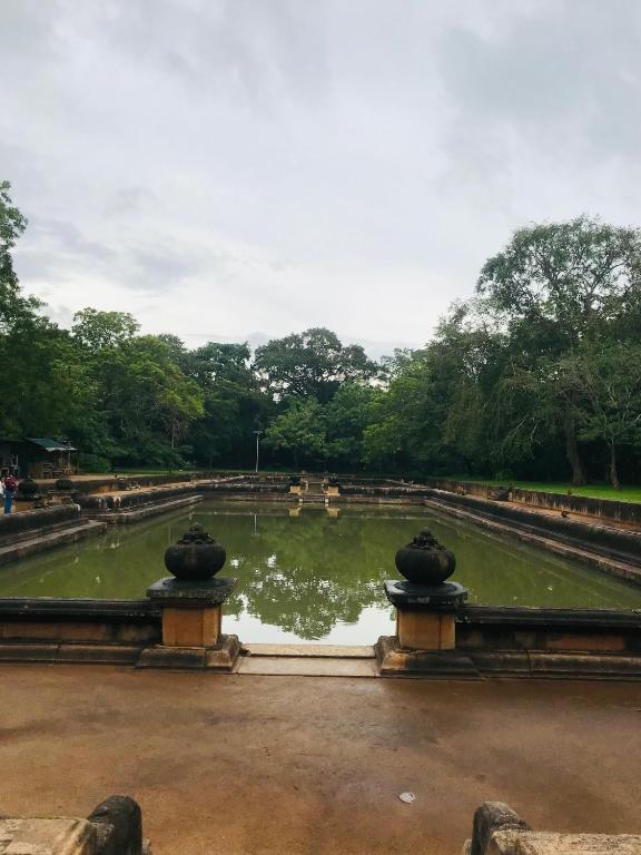 a fountain in a park with a pond at Nimjaya holiday bunglow in Anuradhapura