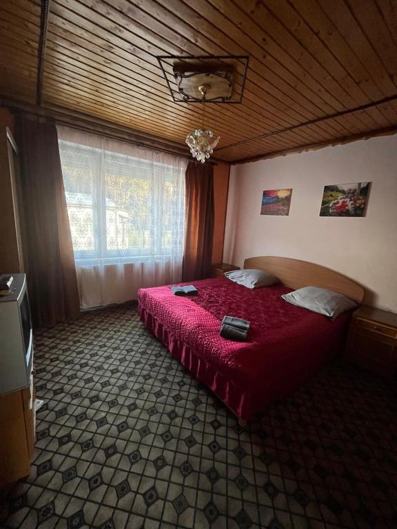 a bedroom with a red bed in a room at Річкова Поляна in Polyana