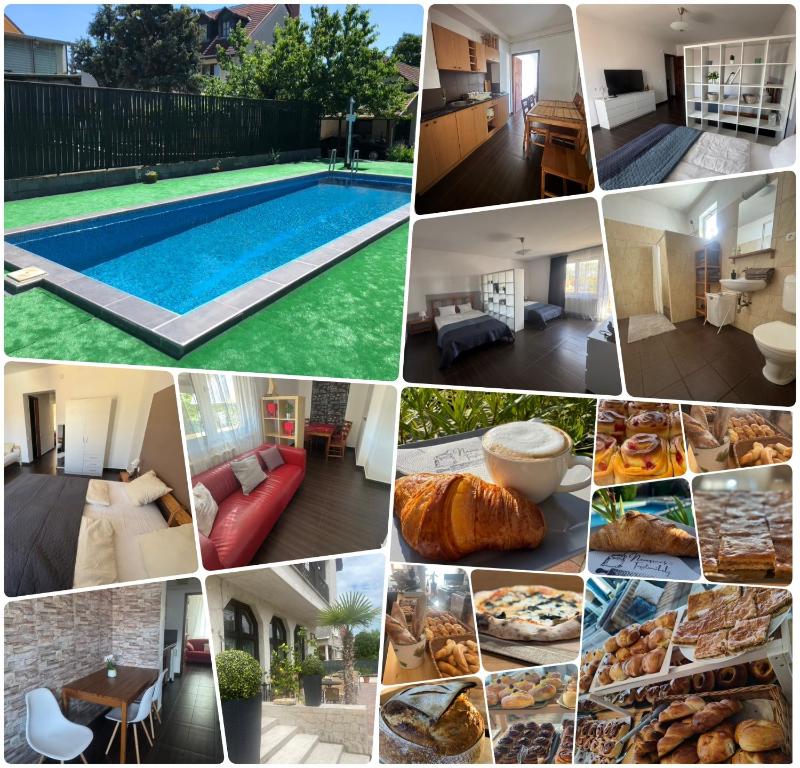 a collage of photos of a pool and a house at Bestapartman in Balatonboglár