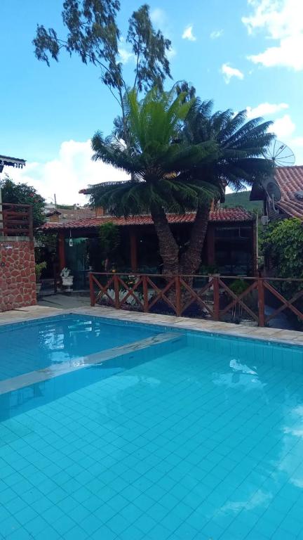 a large swimming pool with a palm tree in the background at Chalé Privê Serrano em Gravatá in Gravatá