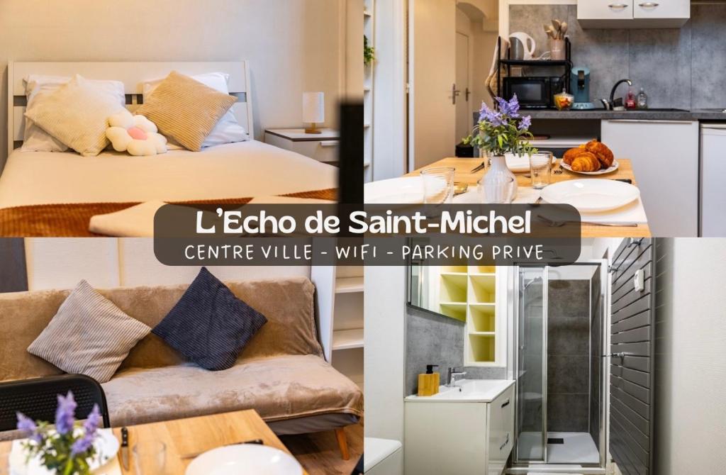 a collage of photos of a kitchen and a living room at L'Echo de Saint-Michel - Parking Privé - StyleCosy in Dijon