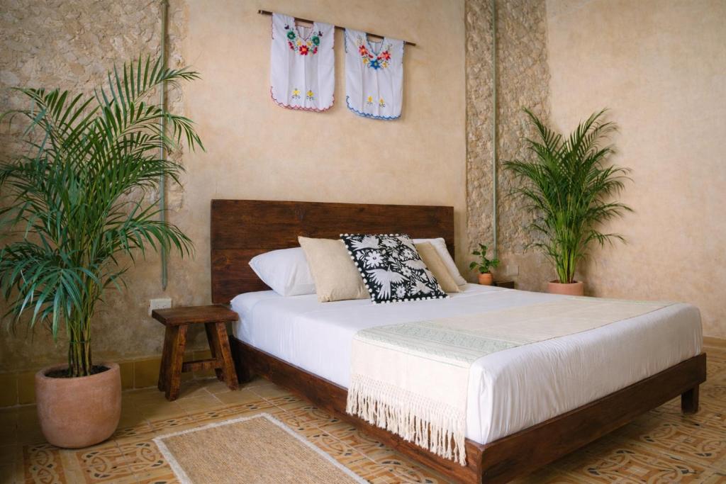 a bedroom with a bed and two potted plants at Suite Privada Origen 63 Centro Histórico Mérida in Mérida