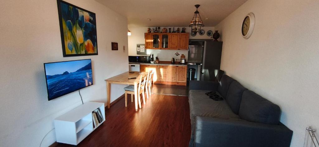 a living room with a couch and a table and a kitchen at 2-Zimmer Apartment Sofia, gemütlich wie zu Hause in Offenbach
