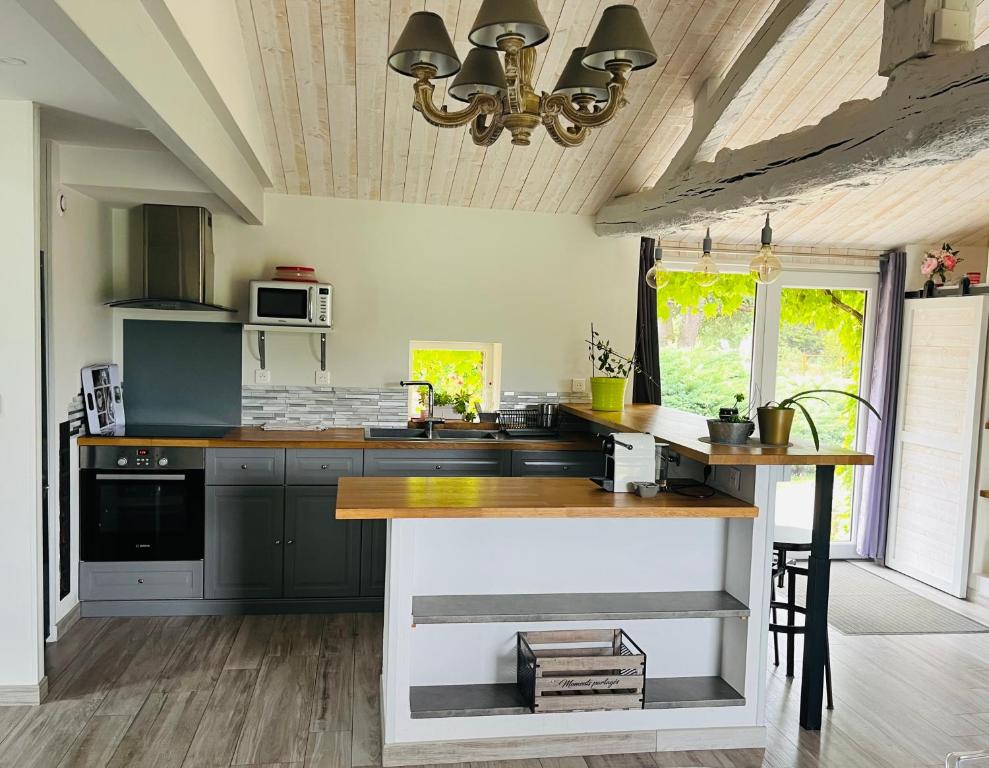 a kitchen with a large island in a room at Gîte de la Galimondaine in Bouguenais